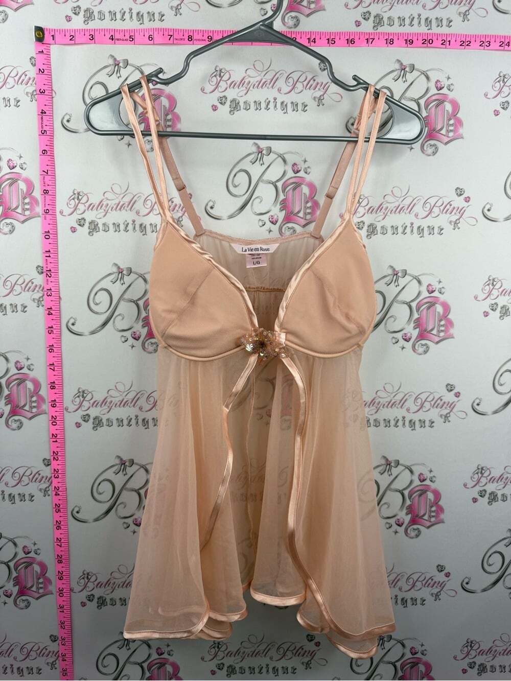 La Vie En Rose Peach Sheer Babydoll with Ribbon & Floral Accent sequin